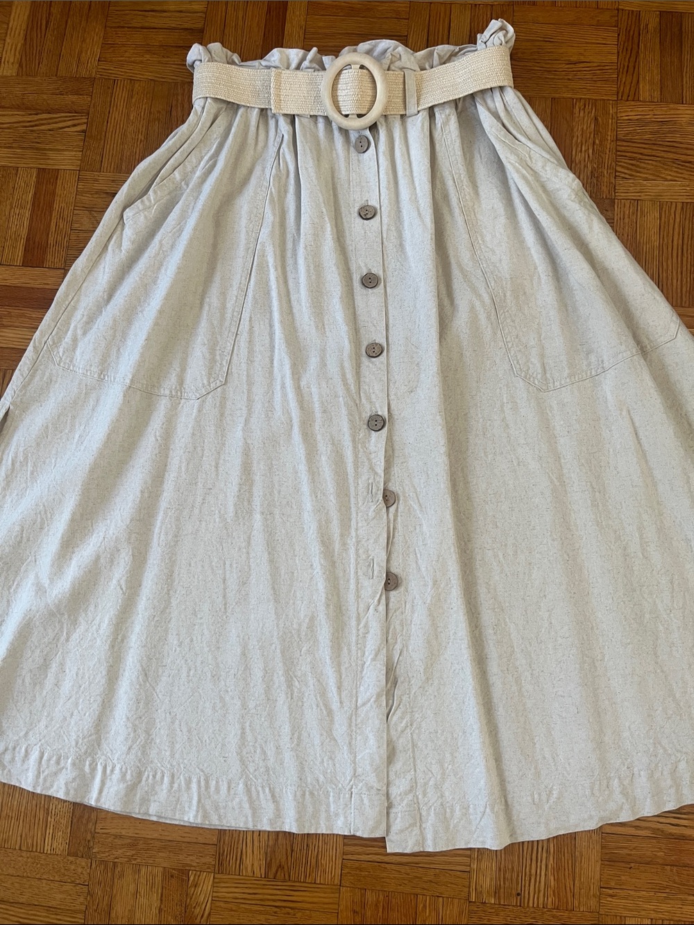 Woven Belt Button-Front Paperbag Waist Skirt - Cream